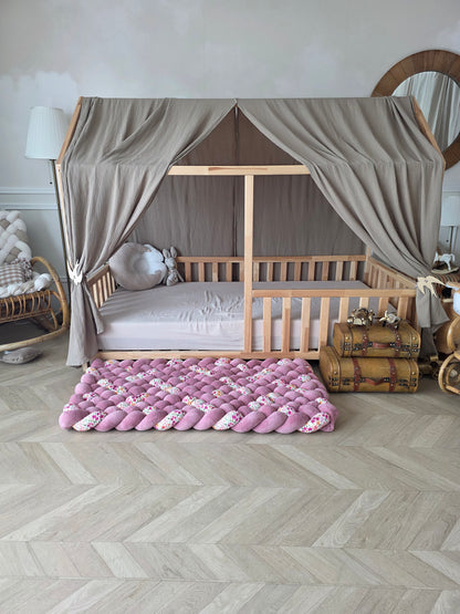Tapis tressé 120x60cm doudou vieux rose et nid d'abeille dahlia