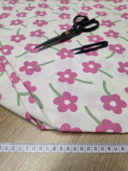 Tissu en coton - Popeline de coton - Motif Marguerites rose