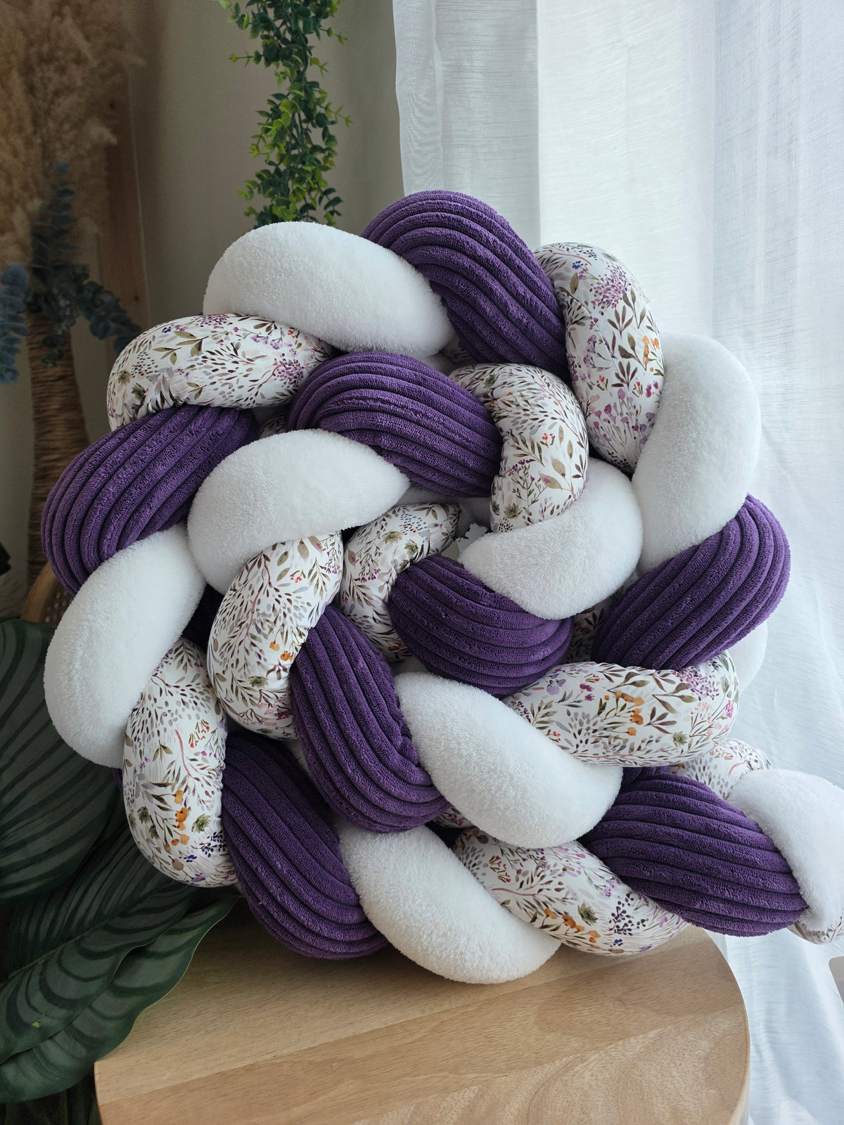 Tresse de lit 3 brins 200cm doudou blanc côtelé violet et pâturage