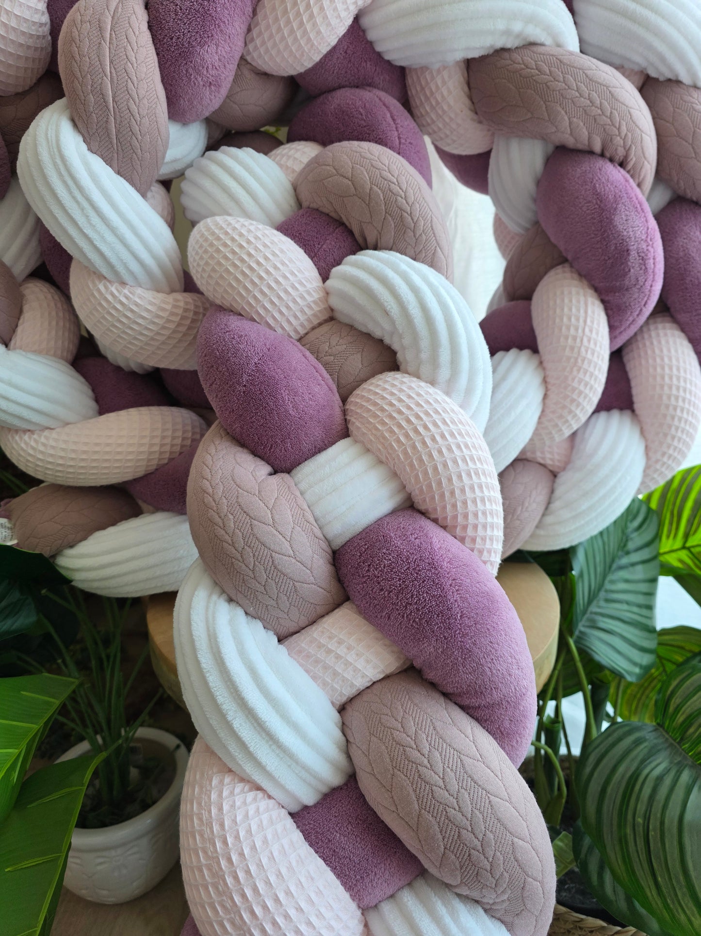 Tresse de lit 4 brins 480cm rose pâle doudou prûne côtelé blanc et tricot lavande