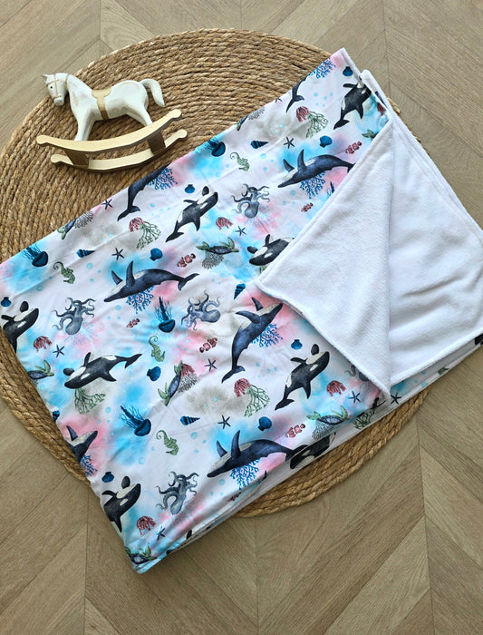 Couverture 100x140cm fine baleine et doudou blanc