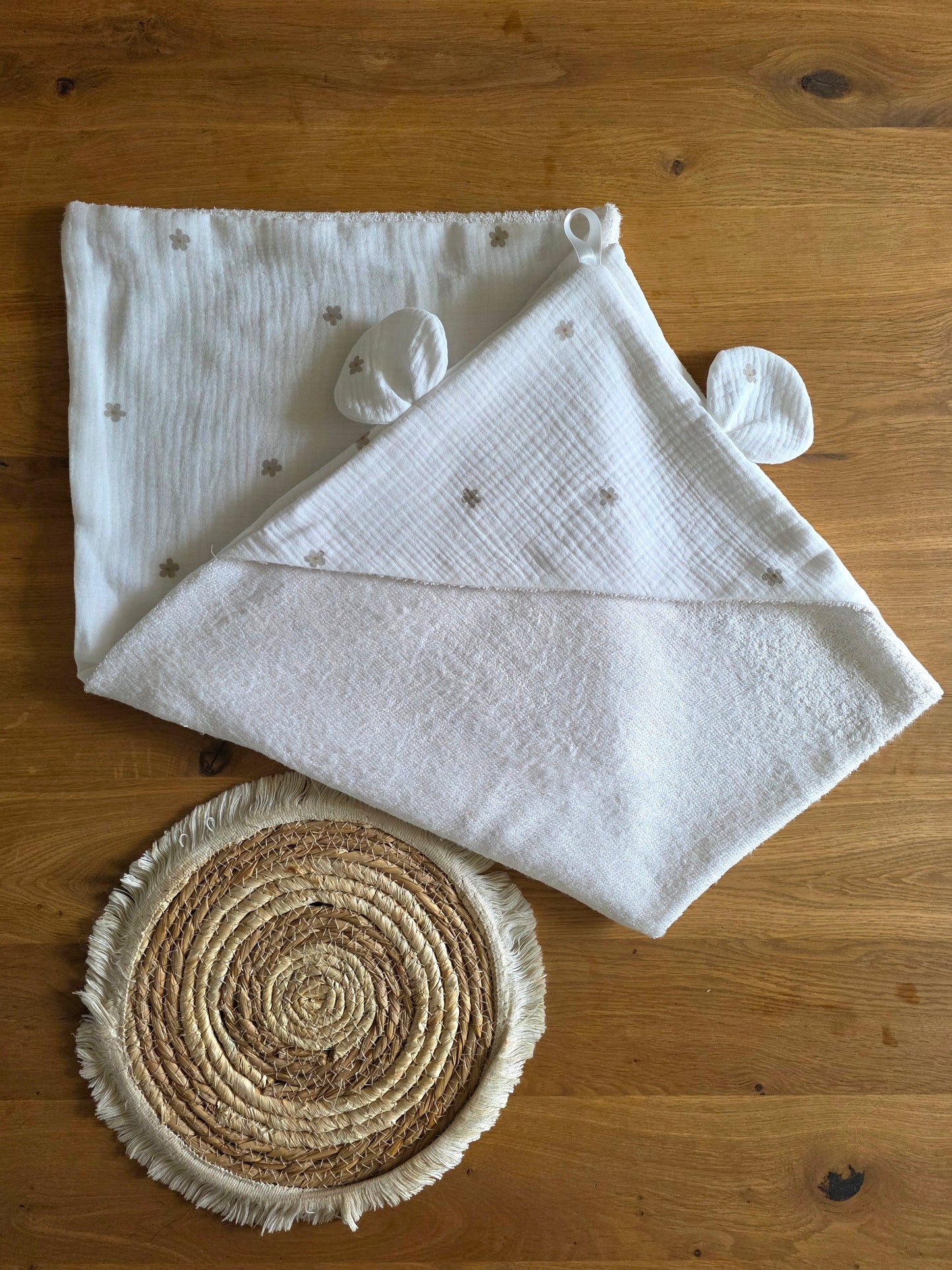 Cape de bain oreille d'ourson gaze de coton fleurs