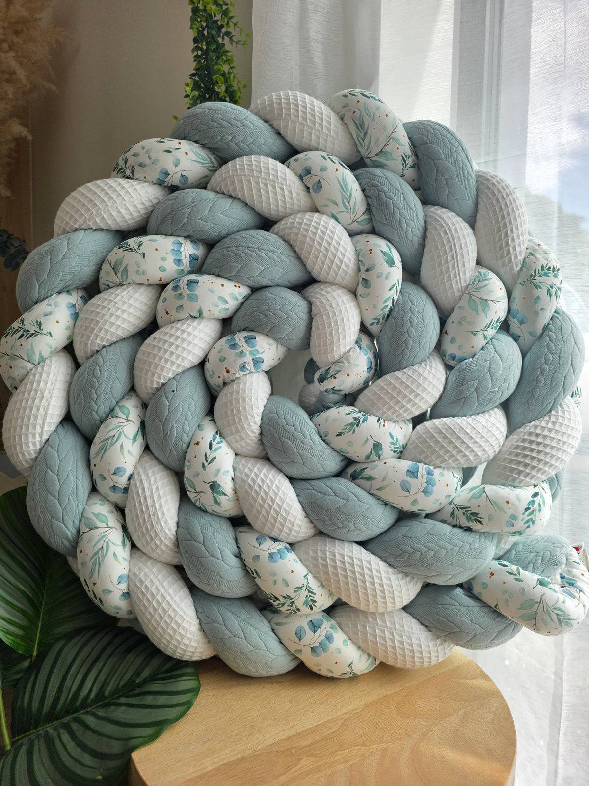 Tresse de lit 3 brins 460cm blanc tricot vert et eucalyptus foncé
