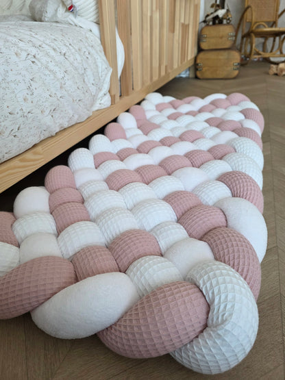 Tapis tressé 100x40cm blanc poudré et doudou blanc