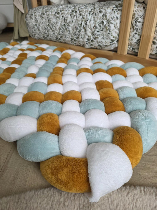Tapis tressé 120x60cm doudou blanc menthe et moutarde