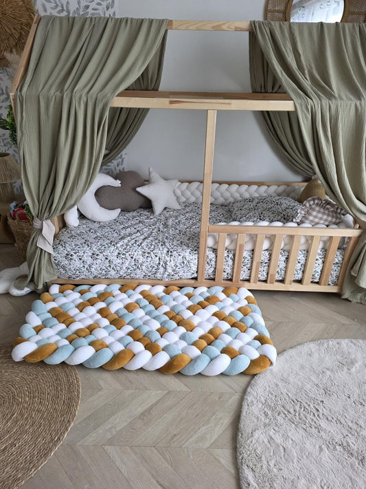 Tapis tressé 120x60cm doudou blanc menthe et moutarde