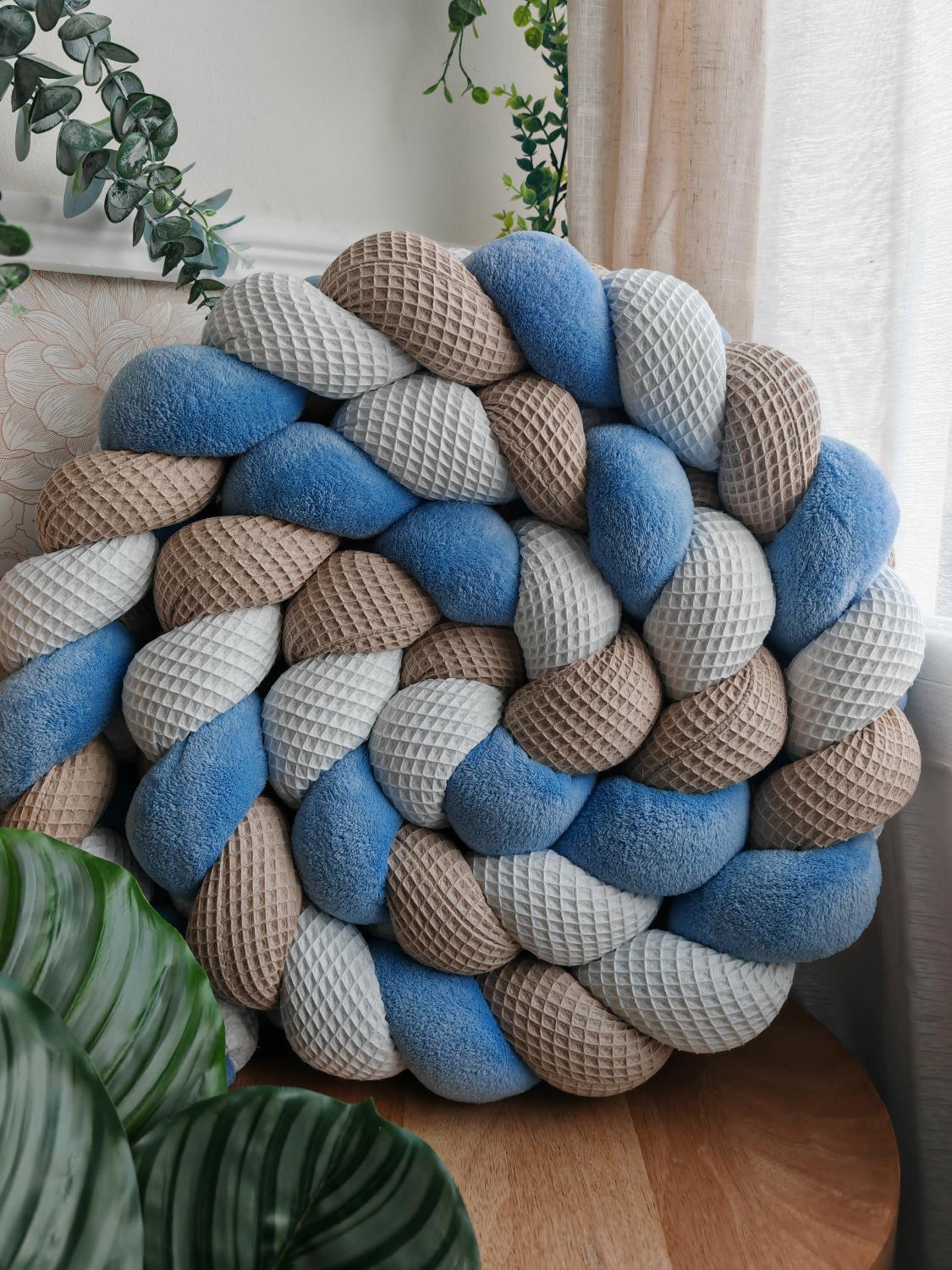 Tresse de lit 3 brins blanc beige et doudou bleu 3m