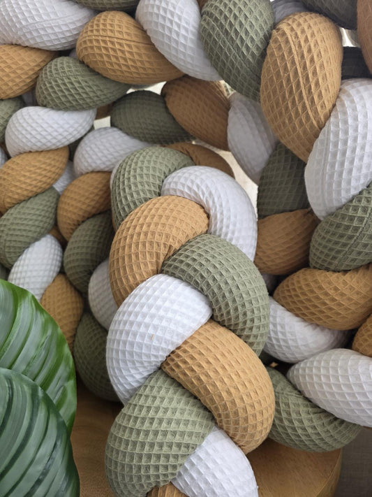 Tresse de lit 3 brins blanc camel et olive 2m