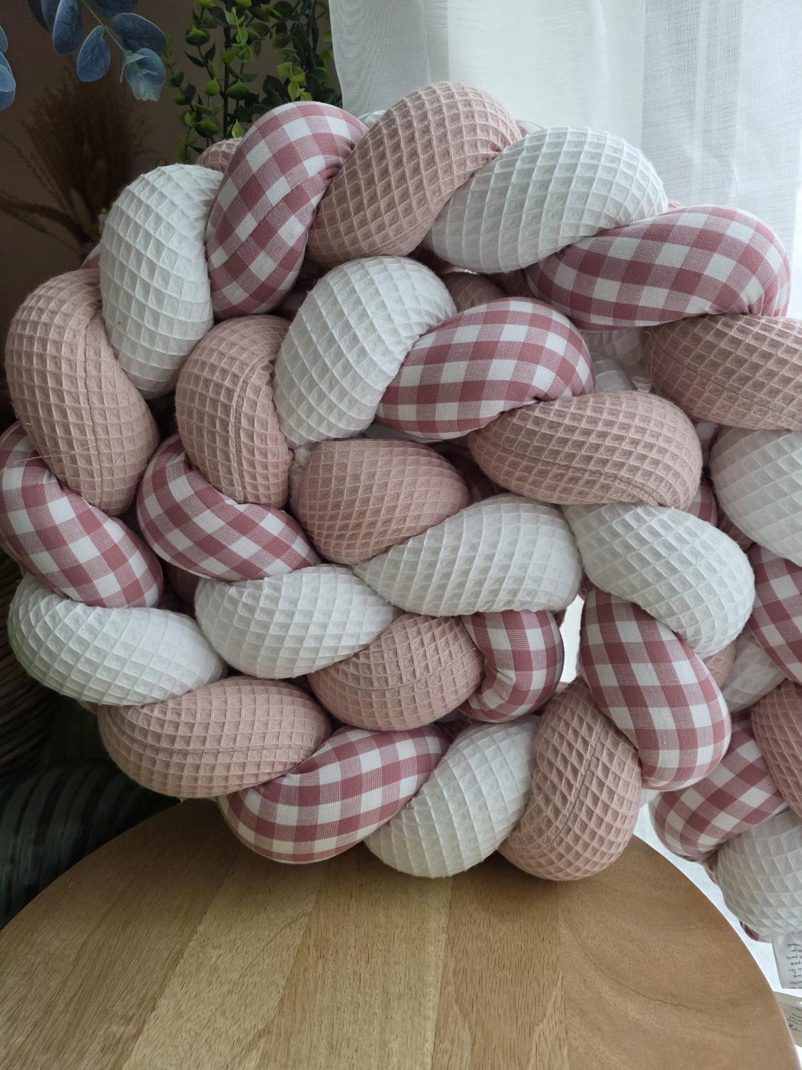 Tresse de lit 3 brins blanc poudré et vichy rose 2m