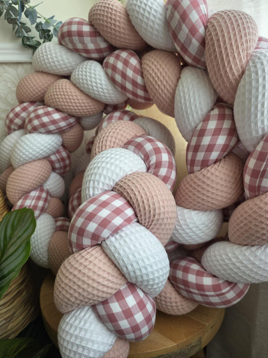 Tresse de lit 3 brins blanc poudré et vichy rose 3,6m