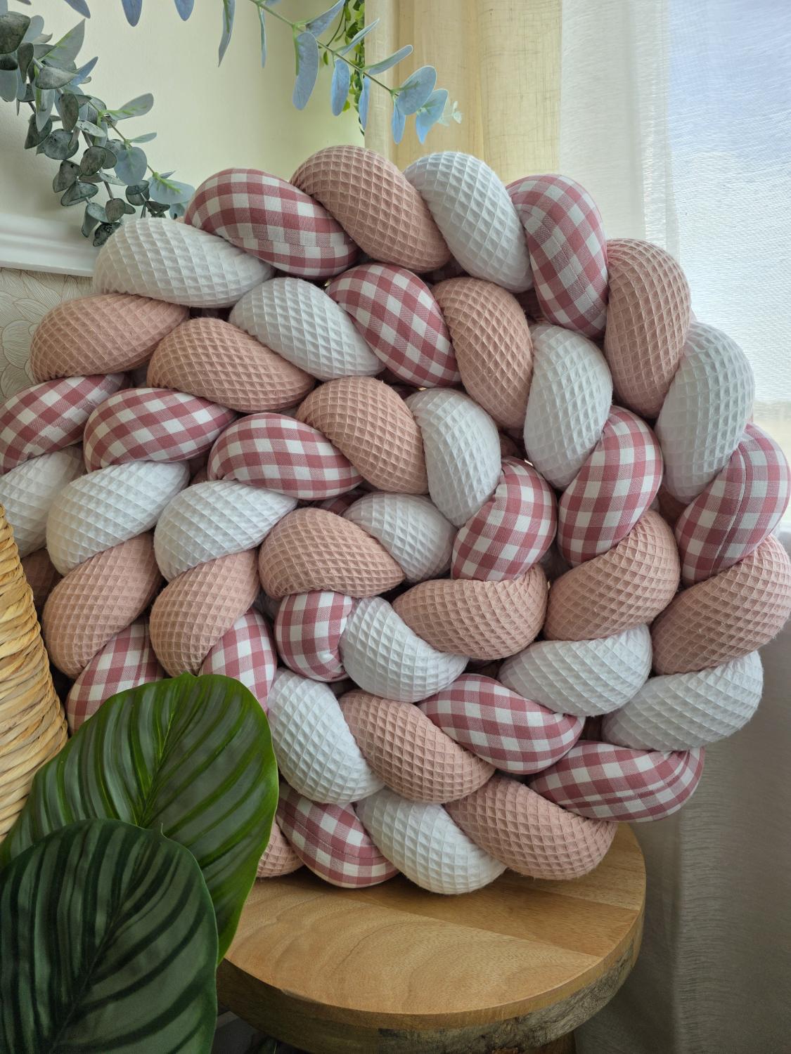 Tresse de lit 3 brins blanc poudré et vichy rose 3,6m