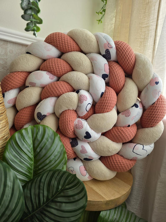 Tresse de lit 3 brins corail doudou beige et coeurs 3.6m
