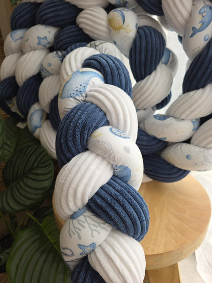 Tresse de lit 3 brins côtelé blanc bleu et hippocampe 4.6m