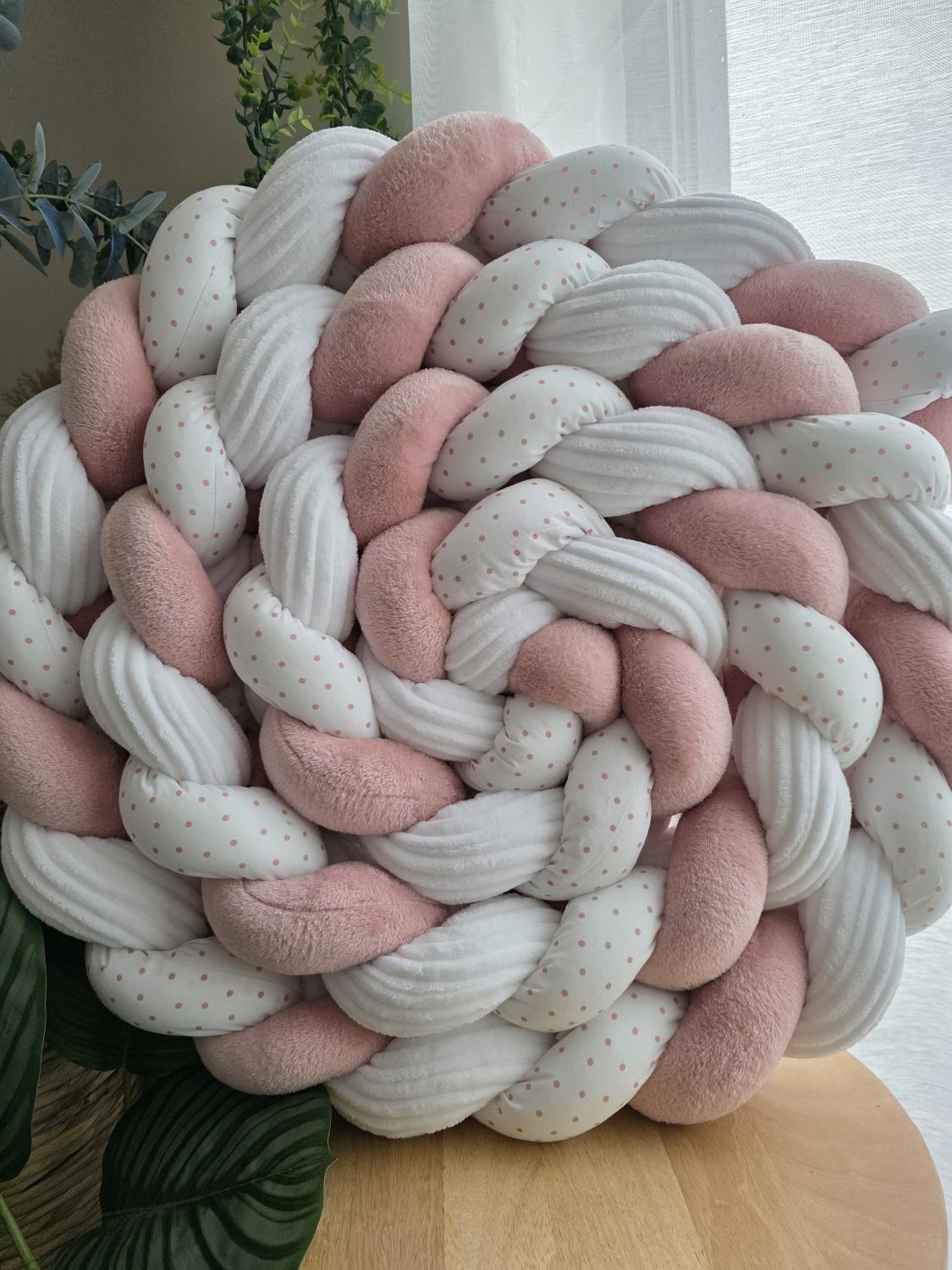 Tresse de lit 3 brins côtelé blanc doudou poudré blanc point rose 4.6m