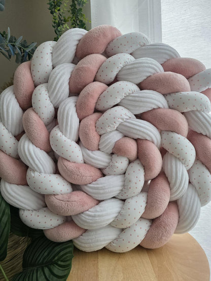 Tresse de lit 3 brins côtelé blanc doudou poudré blanc point rose 4.6m
