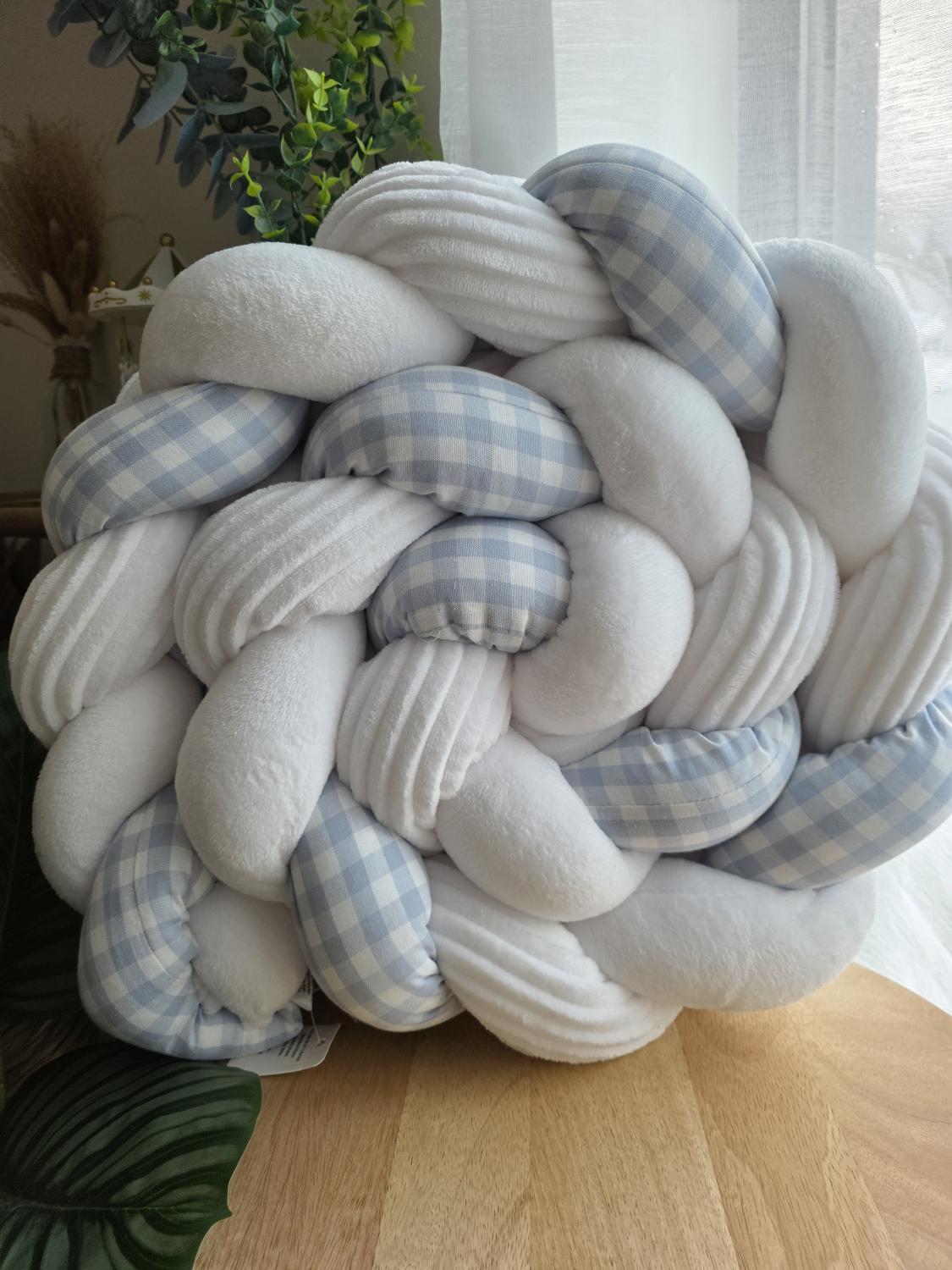 Tresse de lit 3 brins doudou blanc côtelé blanc et vichy bleu 2m