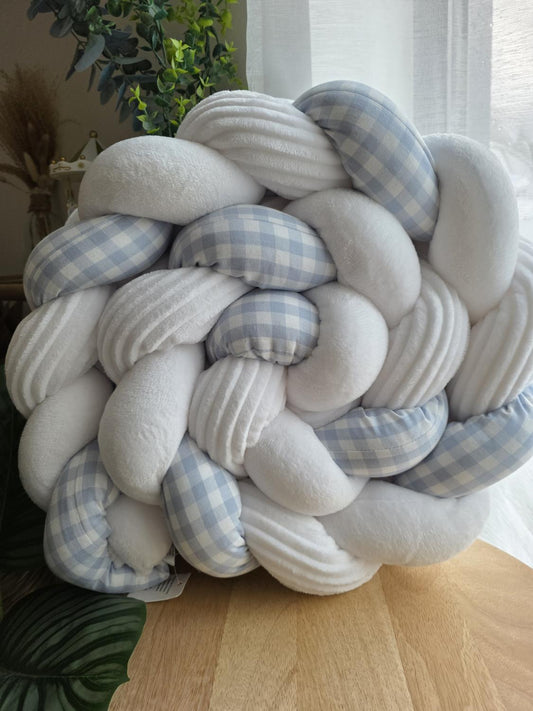 Tresse de lit 3 brins doudou blanc côtelé blanc et vichy bleu 2m