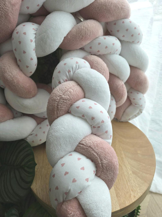 Tresse de lit 3 brins doudou blanc poudré et blanc petit cœur rose 3m