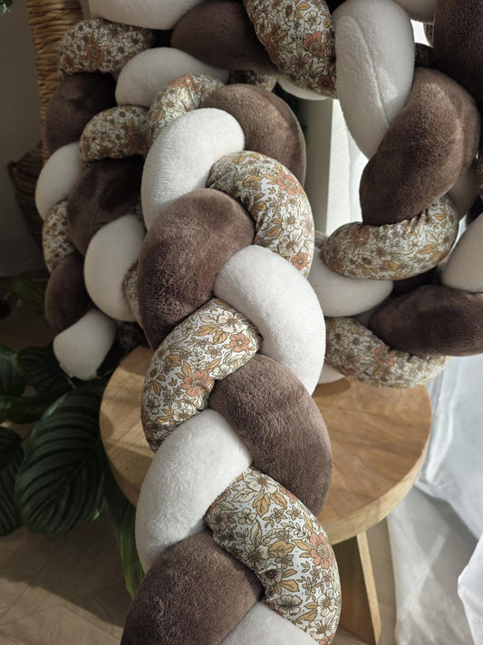 Tresse de lit 3 brins doudou écru et marron et motif fleurs pêche 3.6m