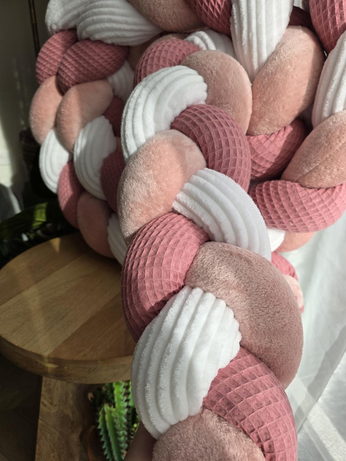 Tresse de lit 3 brins vieux rose doudou poudré et côtelé blanc 3.6m