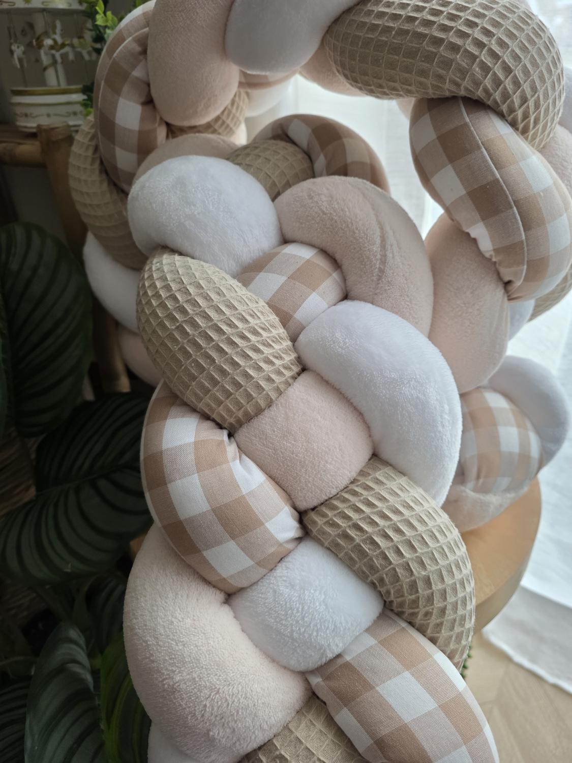 Tresse de lit 4 brins beige doudou blanc beige et vichy beige 2m