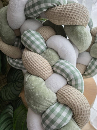 Tresse de lit 4 brins beige doudou blanc jade et vichy vert 2m