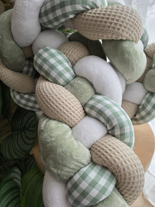 Tresse de lit 4 brins beige doudou blanc jade et vichy vert 2m