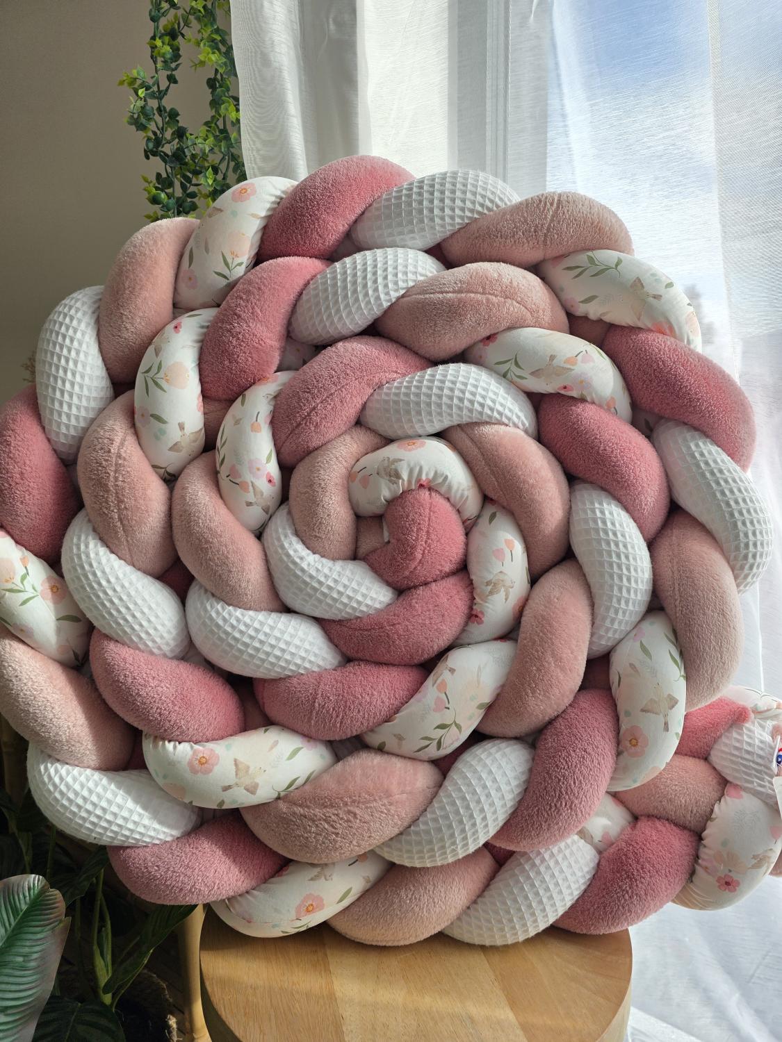 Tresse de lit 4 brins blanc doudou poudré vieux rose et birdy 5m