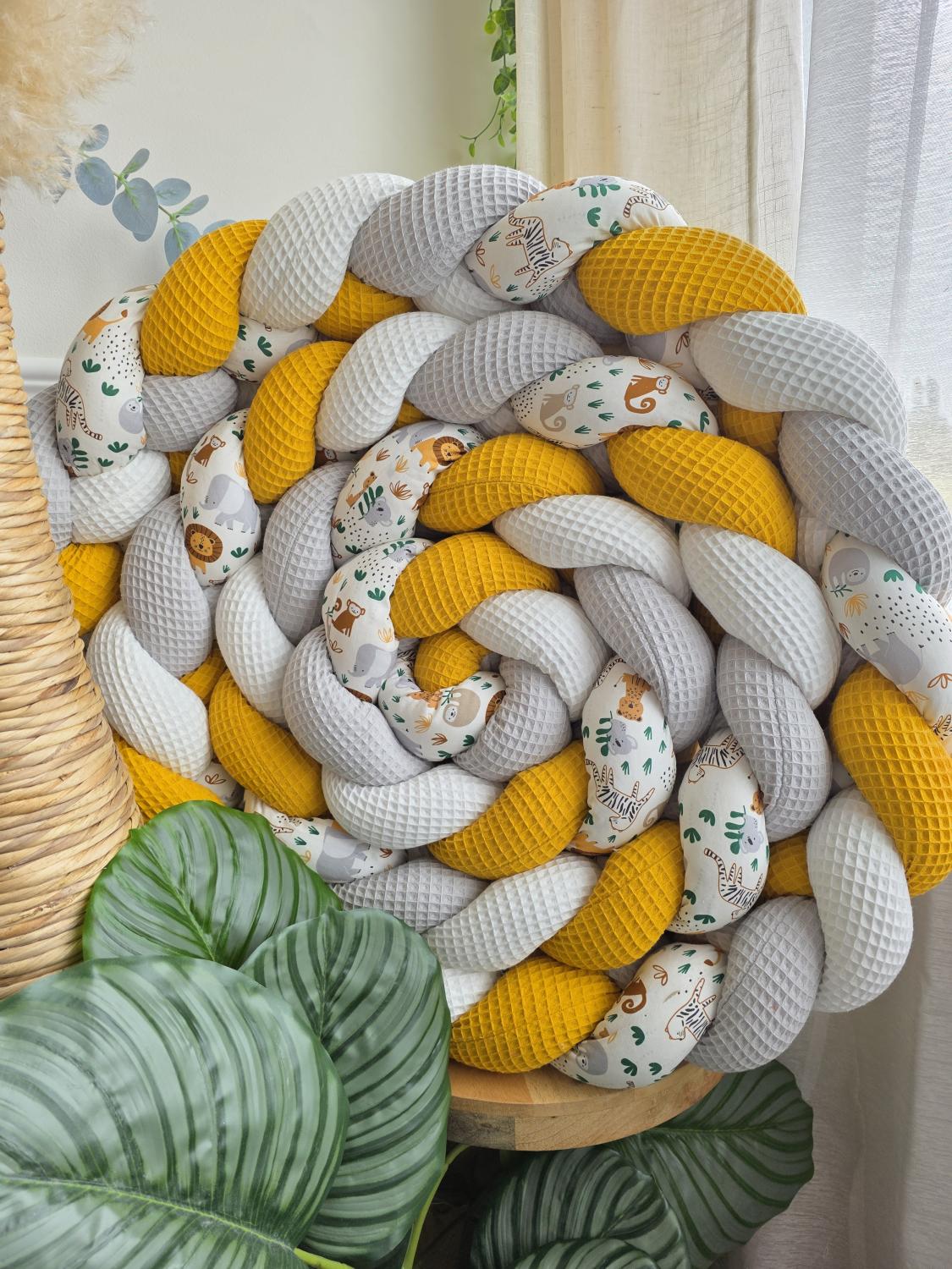 Tresse de lit 4 brins blanc gris moutarde et jungle 4.6m