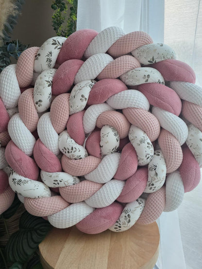 Tresse de lit 4 brins blanc poudré doudou vieux rose et fleurs d'hiver 4.6m