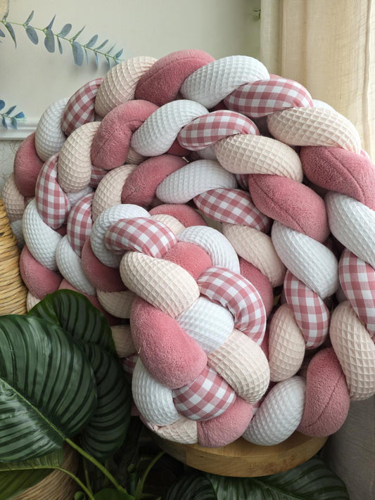 Tresse de lit 4 brins blanc rose pâle doudou vieux rose et vichy rose 4.6m
