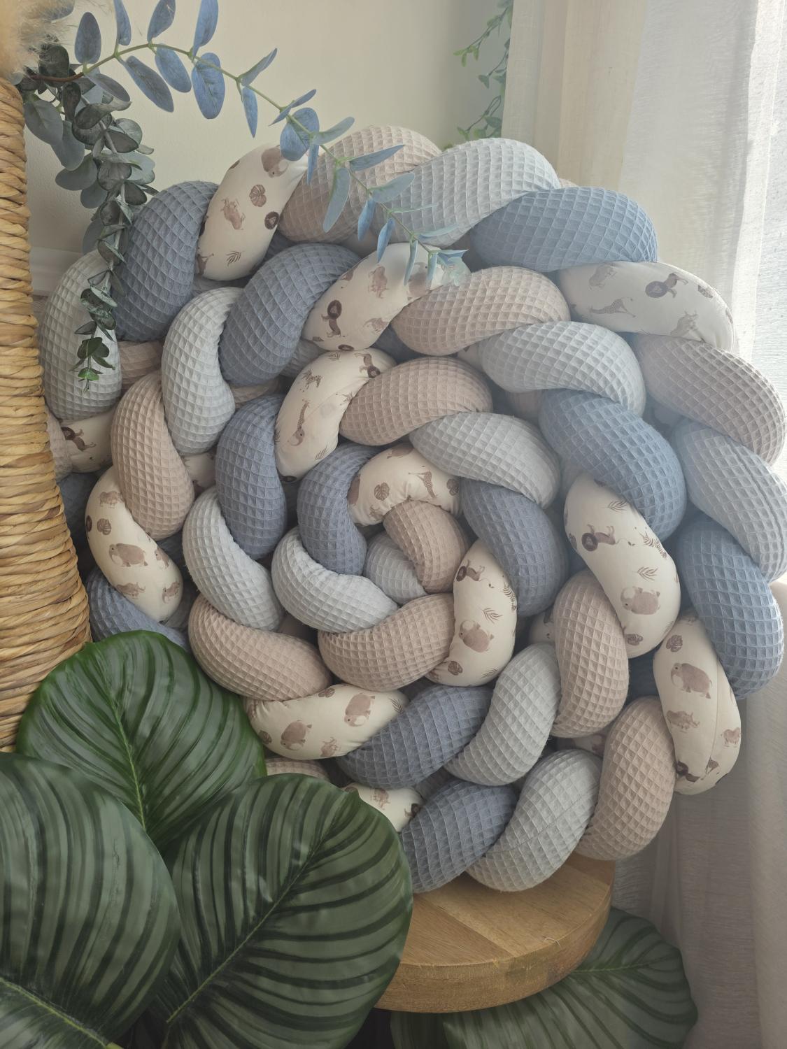 Tresse de lit 4 brins bleu beige jean et zebre 4.2m