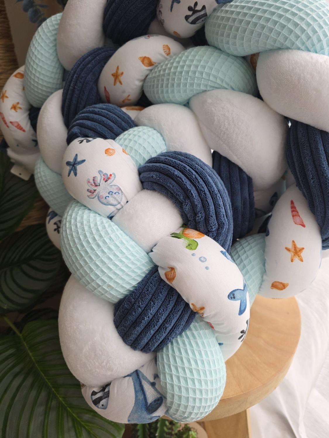 Tresse de lit 4 brins bleu ciel doudou blanc côtelé marine océan 2.5m
