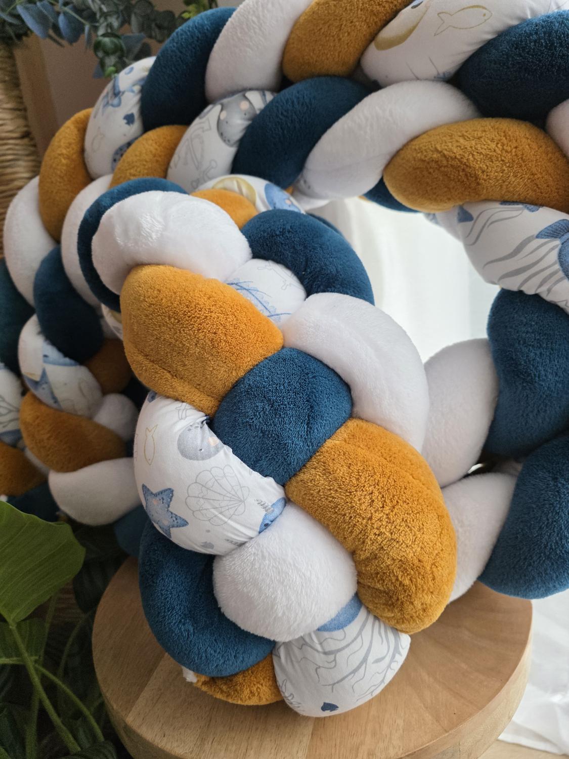 Tresse de lit 4 brins doudou blanc, moutarde, petrole et hypocampe 4m