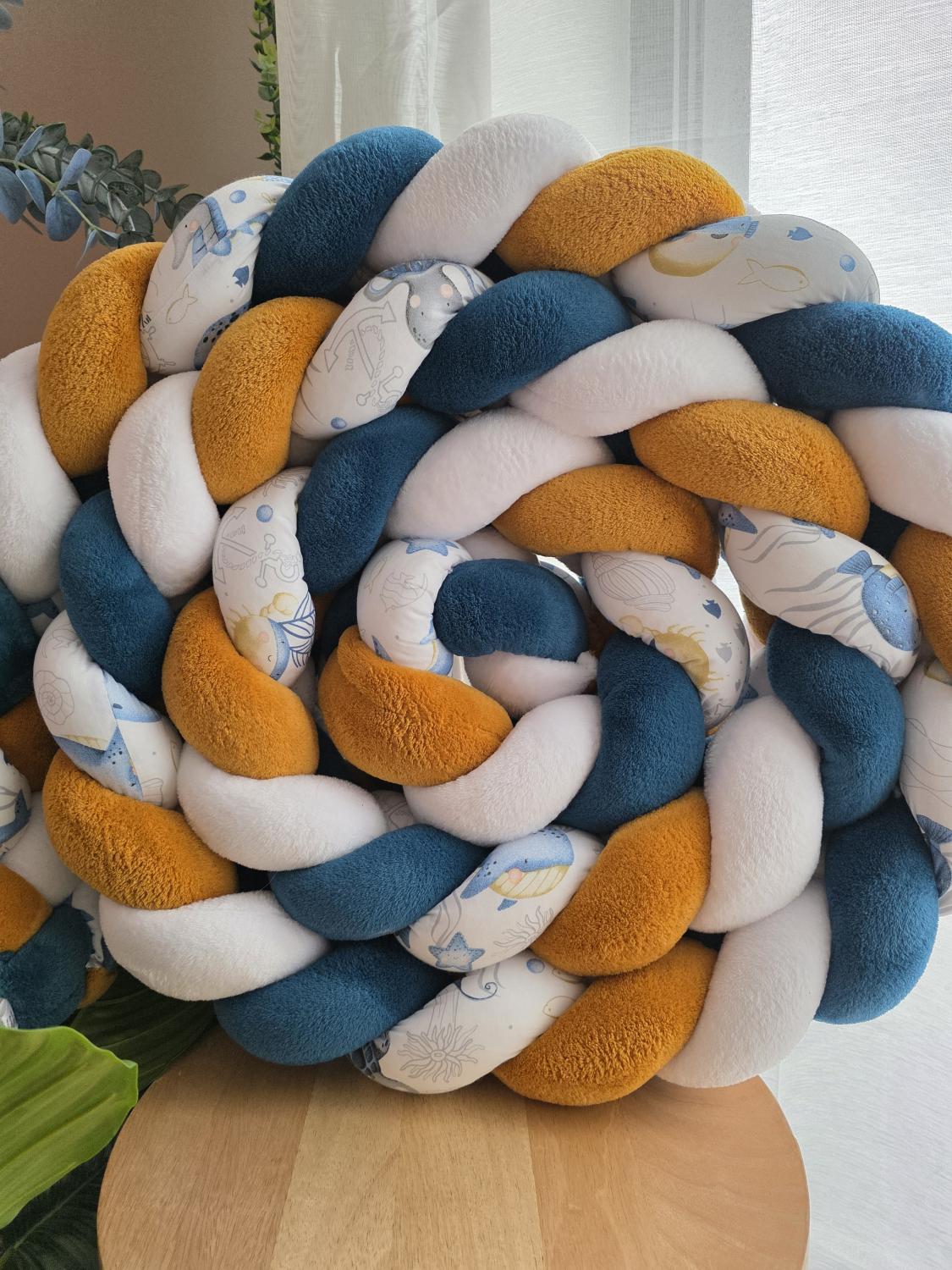 Tresse de lit 4 brins doudou blanc, moutarde, petrole et hypocampe 4m