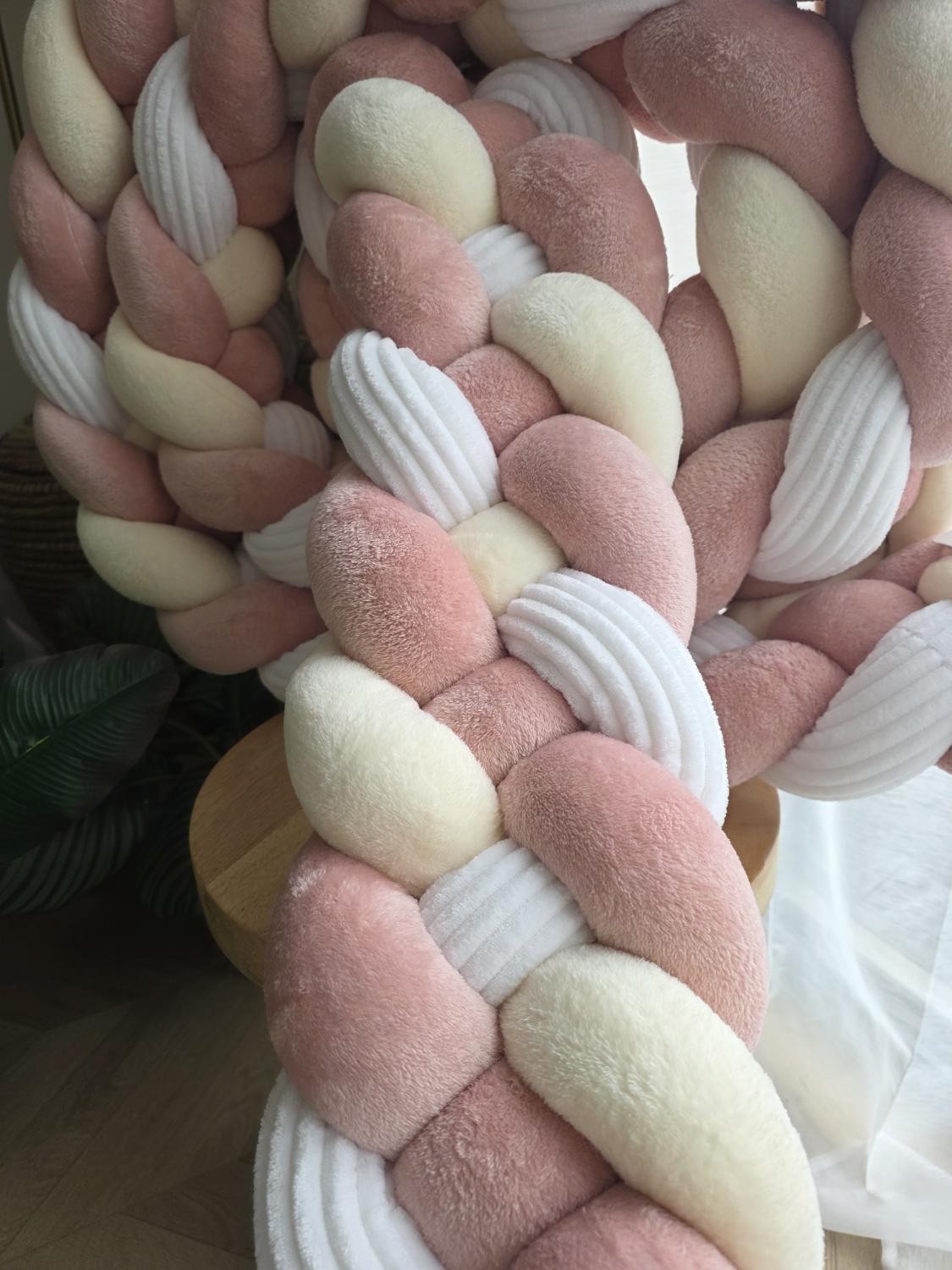 Tresse de lit 4 brins doudou vanille et poudré et côtelé blanc 5m