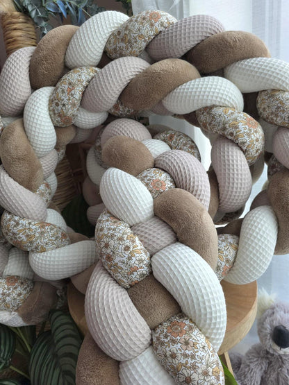 Tresse de lit 4 brins écru beige doudou marron et fleurs pêche 4.1m