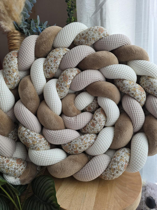 Tresse de lit 4 brins écru beige doudou marron et fleurs pêche 4.1m