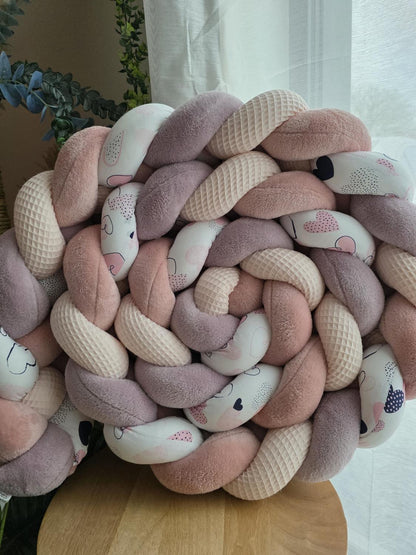 Tresse de lit 4 brins rose pâle doudou poudré et lavande et coeur 3.6m