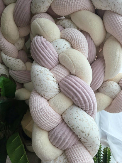 Tresse de lit 4 brins rose pâle doudou vanille côtelé poudré et fleurs lin 4.2m