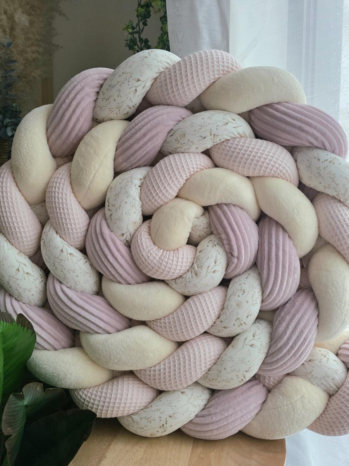 Tresse de lit 4 brins rose pâle doudou vanille côtelé poudré et fleurs lin 4.2m