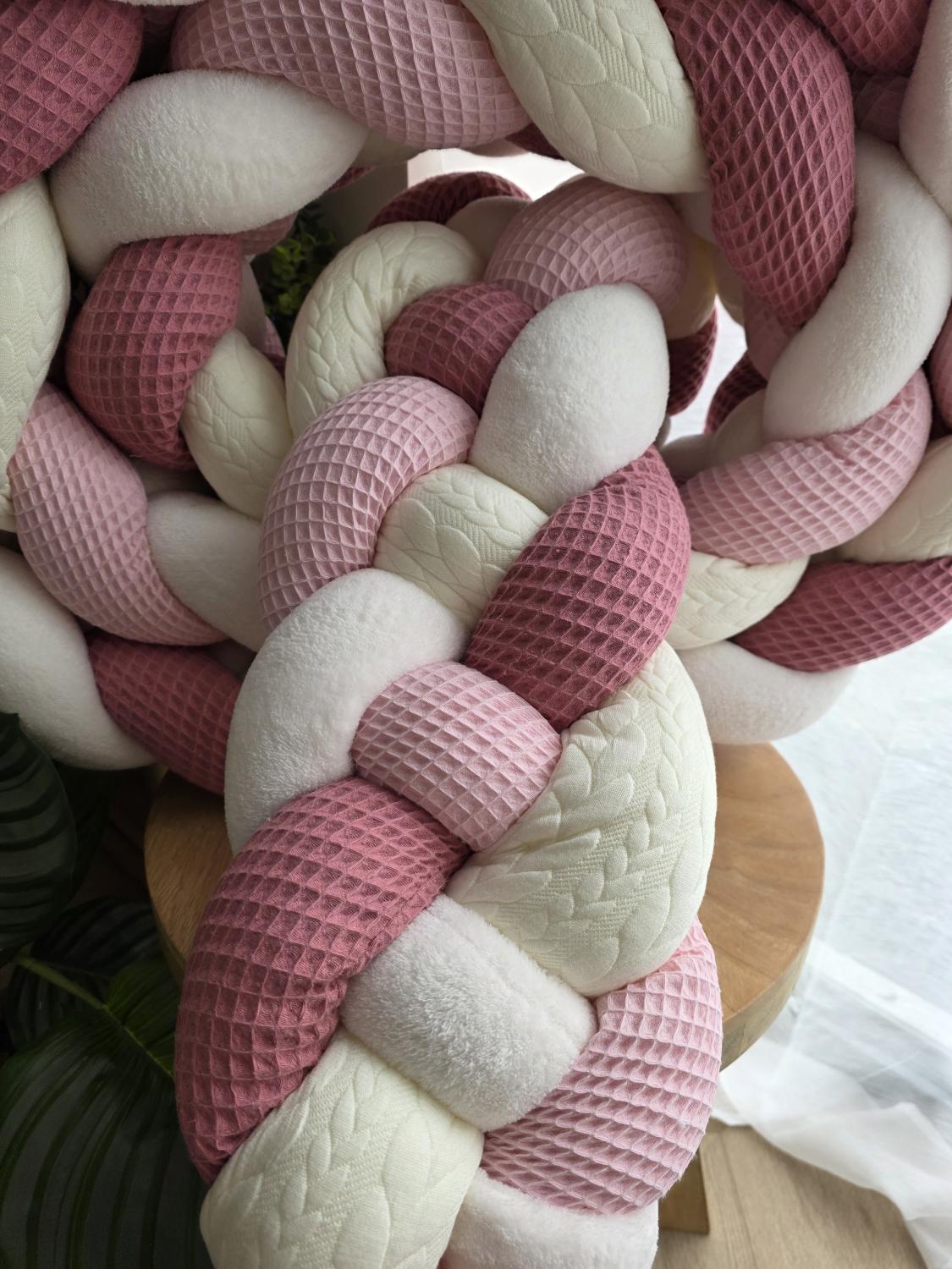 Tresse de lit 4 brins rose vieux rose doudou écru et tricot écru 4.6m