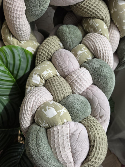 Tresse de lit 5 brins olive beige doudou olive tricot sable et éléphant olive 4m