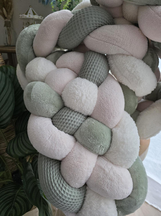 Tresse de lit 5 brins olive doudou jade beige et fourrure écru 2.5m